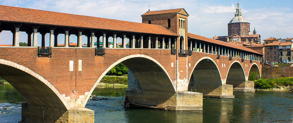 Covered bridge over the Ticino river in Pavia